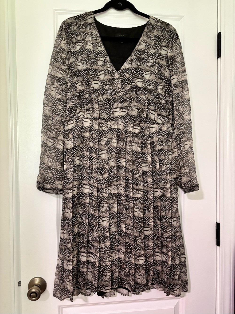 J. Crew Silk Black and White Printed V-Neck Long Sleeve Dress